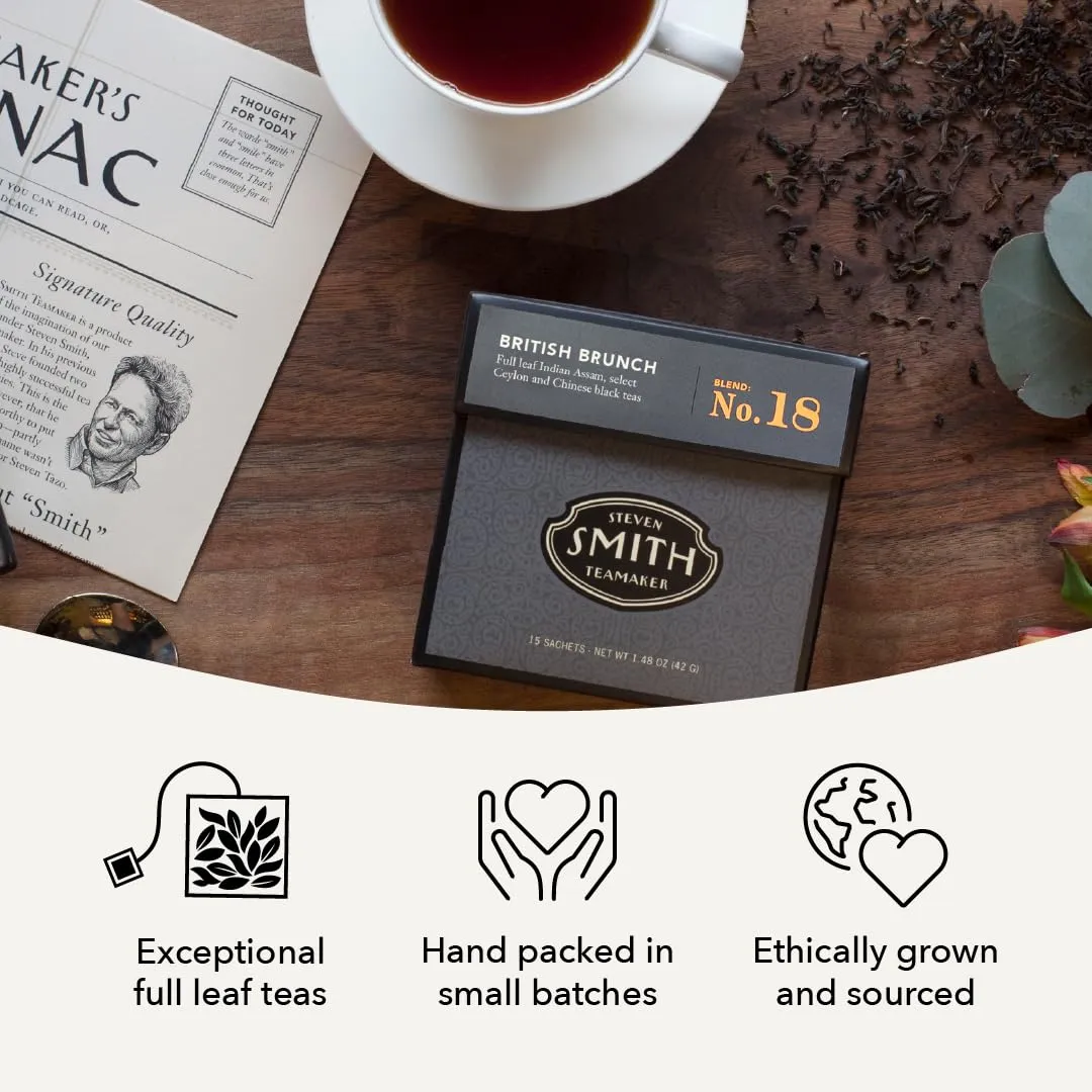 Smith Teamaker British Brunch No. 18, Caffeinated, Sugar-Free, Full Leaf, English Breakfast Black Tea Bags 15 Sachets, 1.48oz each