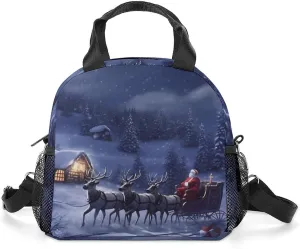 Snow Night Santa And Deer Insulated Lunch Bag Portable Lunch Box Tote Cooler Bags Lunchbox For Travel Picnic Work
