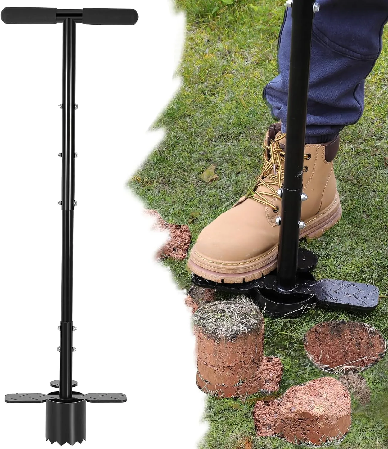Sod Plugger 5-in-1 Bulb Planter Tool Long Handle, Height Adjustable, with Dual Pedals, Sharp Serrations, Non-slip PVC Handle, for Grass Plugger, Sod Remover, Transplanting, Lawn and Garden Tool