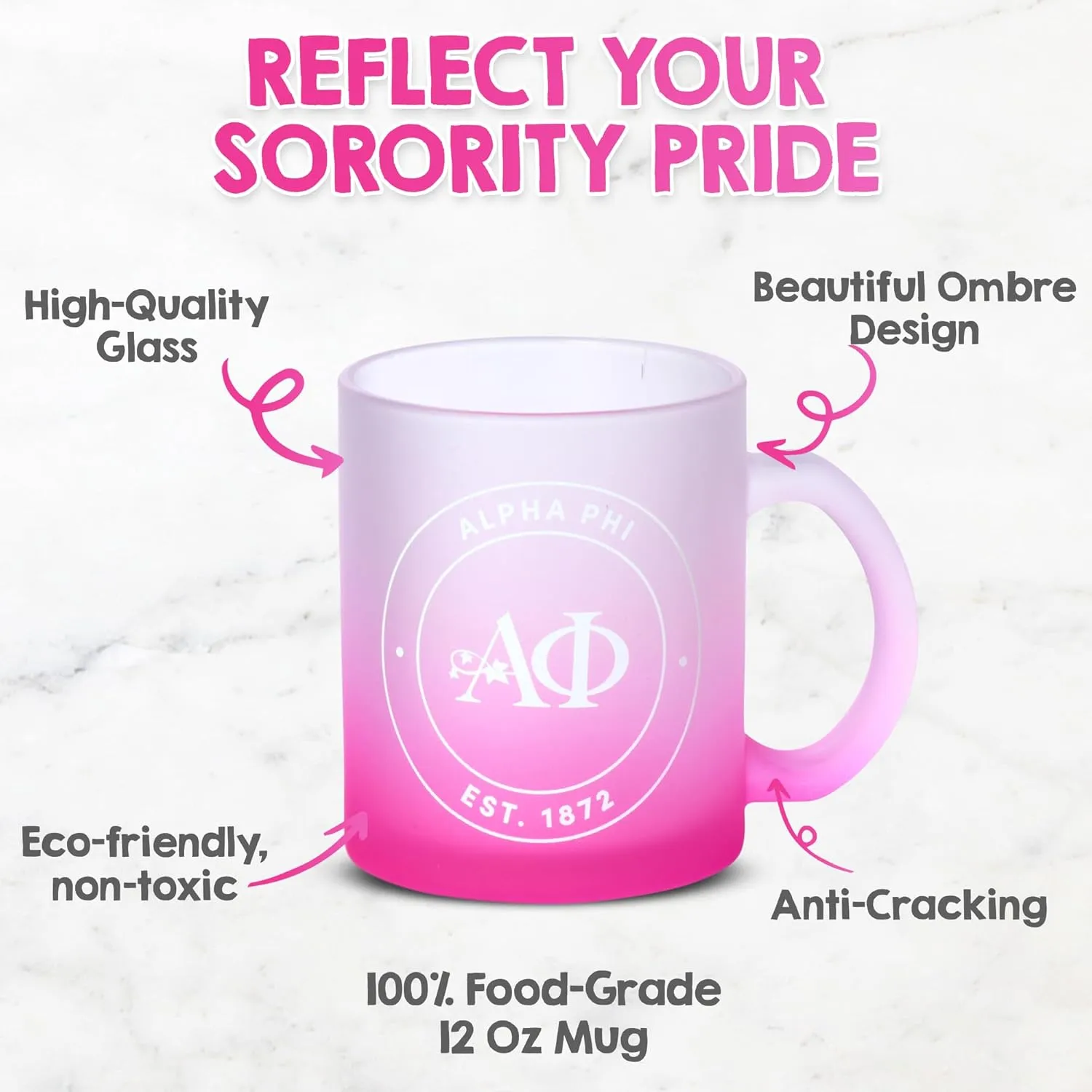 Sorority Shop Delta Zeta Mug, Ombre Glass Mug with Screen Printed Sorority Name and Logo for Coffee or Any Drink