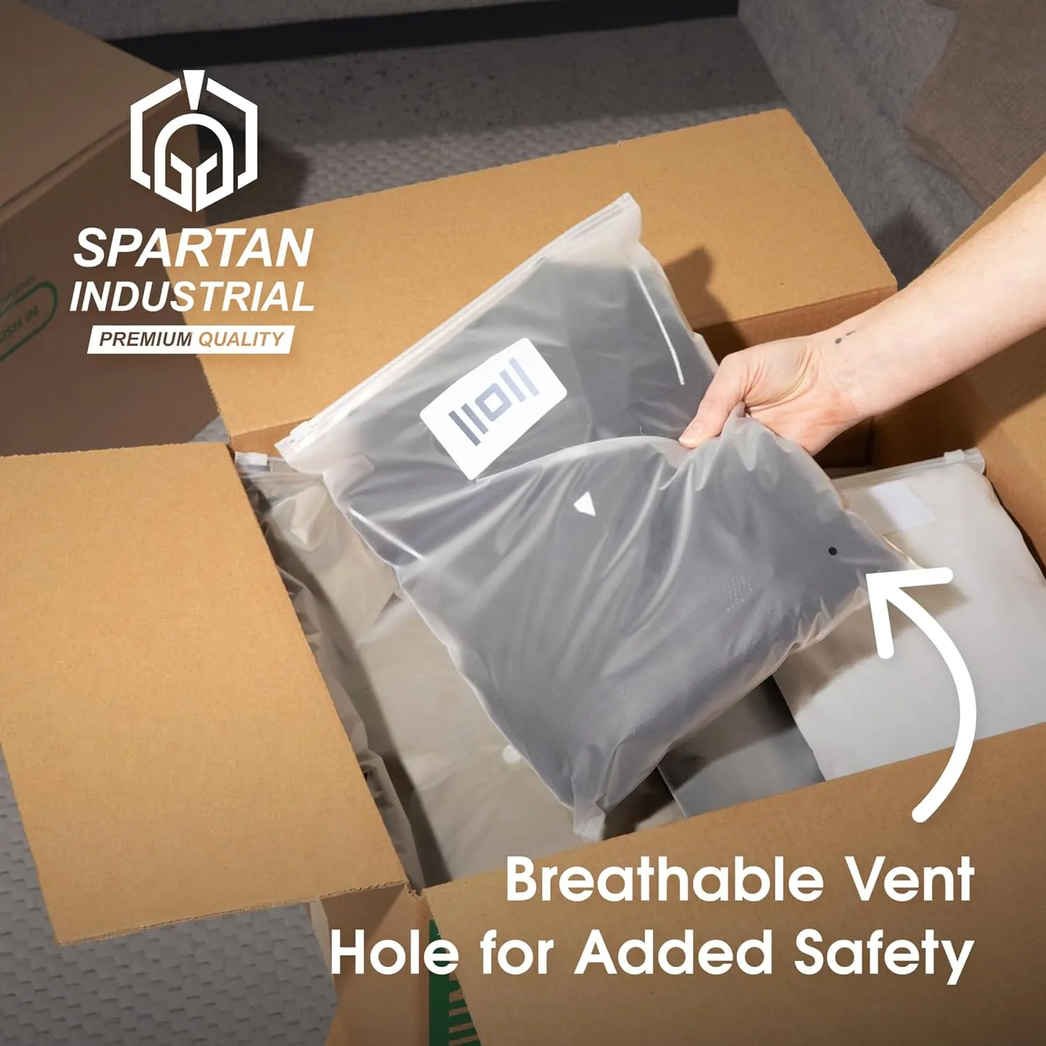 Spartan Industrial - 3 Mil Frosted Zipper Bags With Vent Hole - Reclosable Plastic Bags for Clothes, T-Shirts, Leggings (10" X 13", 100, Count)