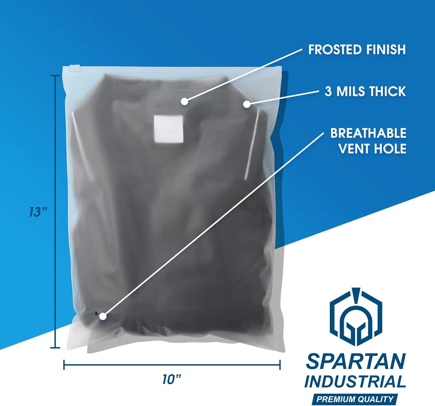 Spartan Industrial - 3 Mil Frosted Zipper Bags With Vent Hole - Reclosable Plastic Bags for Clothes, T-Shirts, Leggings (10" X 13", 100, Count)