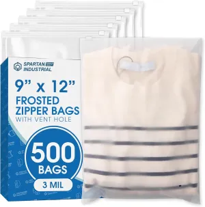 Spartan Industrial - 9" X 12" (500 Count) 3 Mil Frosted Reclosable Zip Plastic Bags with Resealable Lock Seal Zipper and Vent Hole | For Packaging Clothes, Shirts & More
