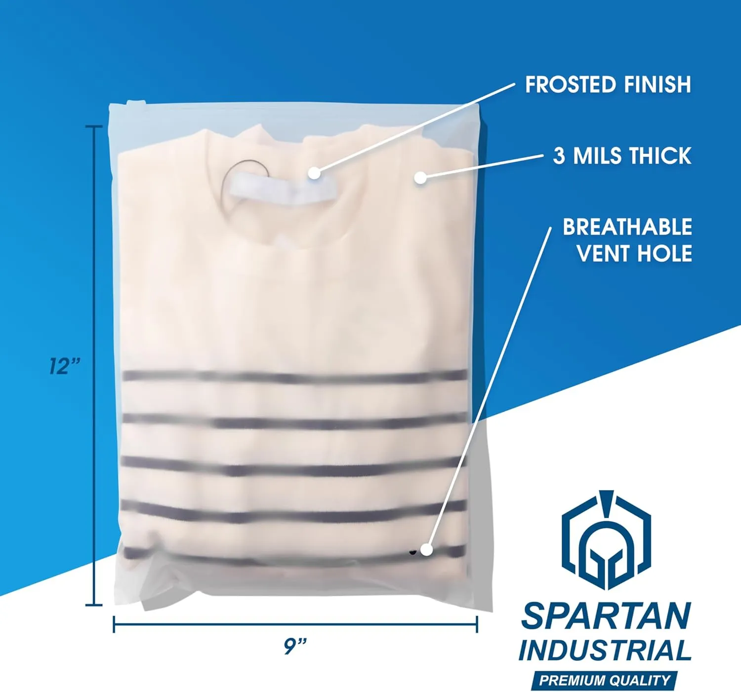 Spartan Industrial - 9" X 12" (500 Count) 3 Mil Frosted Reclosable Zip Plastic Bags with Resealable Lock Seal Zipper and Vent Hole | For Packaging Clothes, Shirts & More