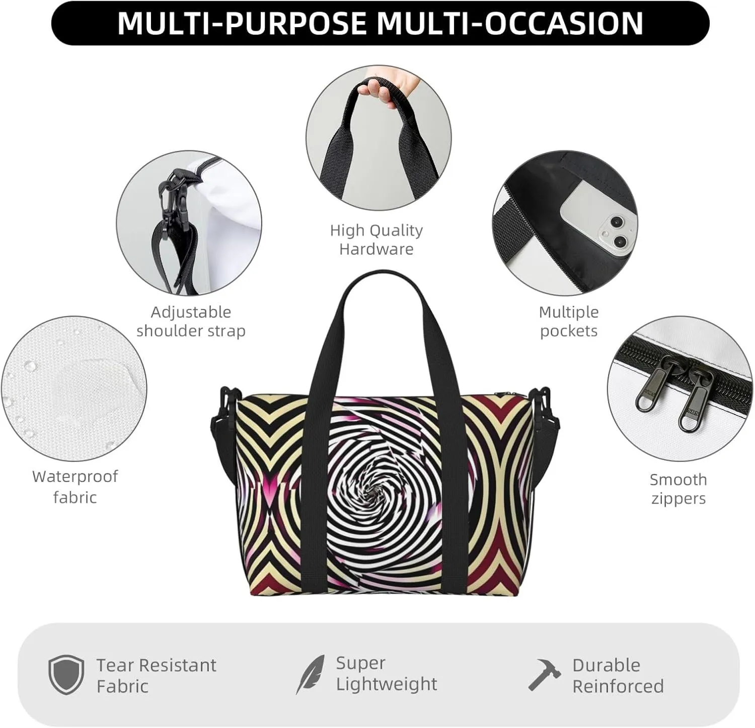 Spiral Optical Illusion Gif Small Duffel Bag Foldable Travel Bag Weekender Bag Overnight Gym Hospital Bags For Women&Men