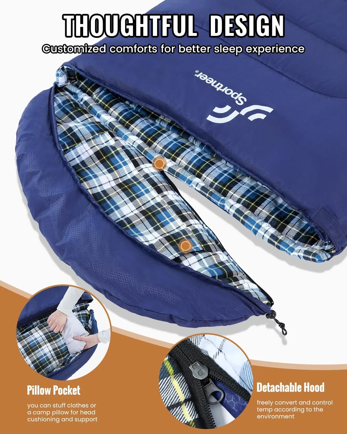 Sportneer Sleeping Bags for Adults, 0 Degree Sleeping Bag XL Flannel Winter Cold Weather Sleeping Bag with Detachable Hood Compression Sack for Camping, Backpacking, Hiking