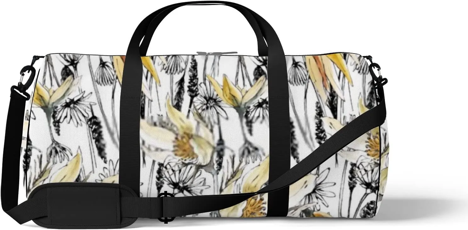 Sports Gym Bag for Women and Men Waterproof Hand Drawn Botanical Pattern Watercolor Style Duffel Bag Lightweight Carryon Traveling Boarding Gripsack
