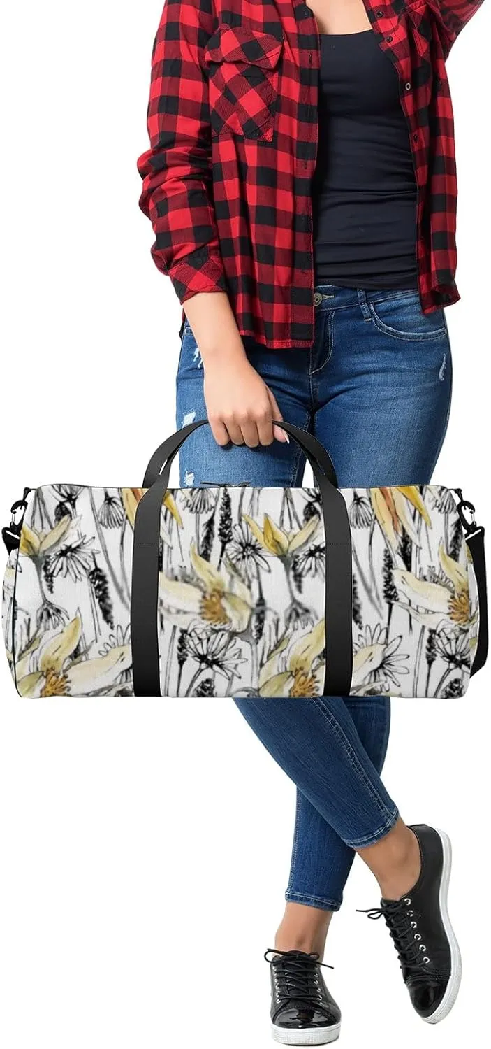 Sports Gym Bag for Women and Men Waterproof Hand Drawn Botanical Pattern Watercolor Style Duffel Bag Lightweight Carryon Traveling Boarding Gripsack