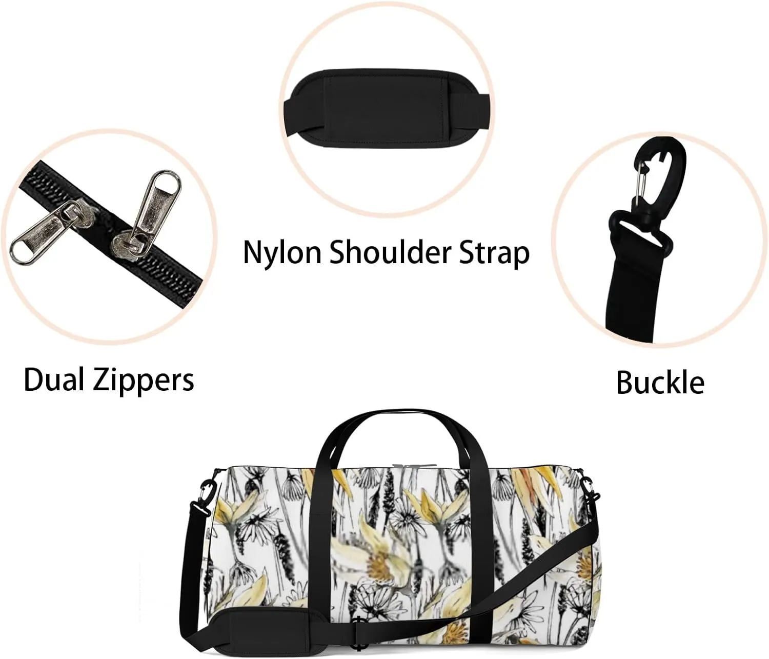 Sports Gym Bag for Women and Men Waterproof Hand Drawn Botanical Pattern Watercolor Style Duffel Bag Lightweight Carryon Traveling Boarding Gripsack