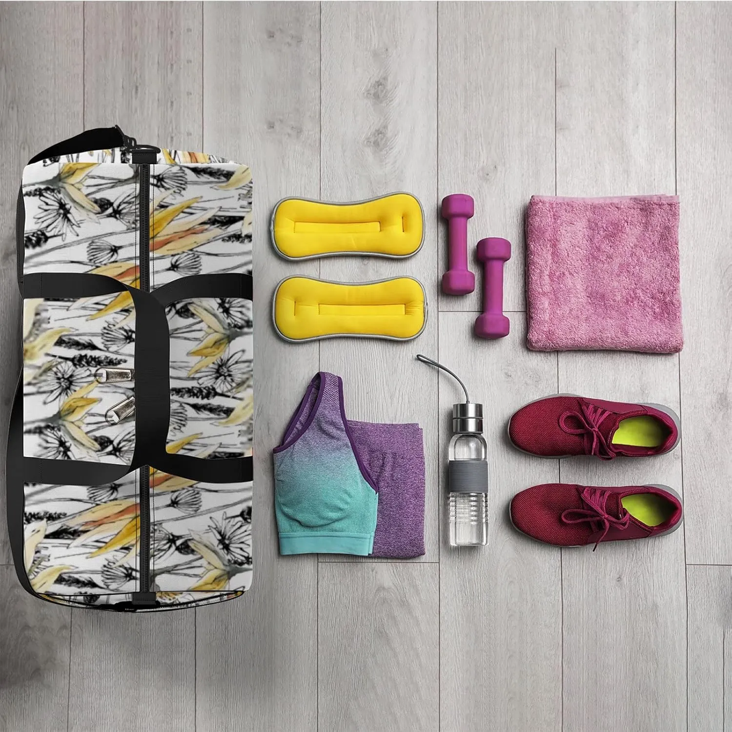 Sports Gym Bag for Women and Men Waterproof Hand Drawn Botanical Pattern Watercolor Style Duffel Bag Lightweight Carryon Traveling Boarding Gripsack