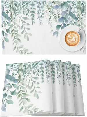 Spring Eucalyptus Leaves Placemats Set of 6, Watercolor Green Leaf Non-Skid Place Mats, Holiday Table Mats, Washable Stain-Resistance Tablemats for Party/Dining Room/Kitchen Decorations