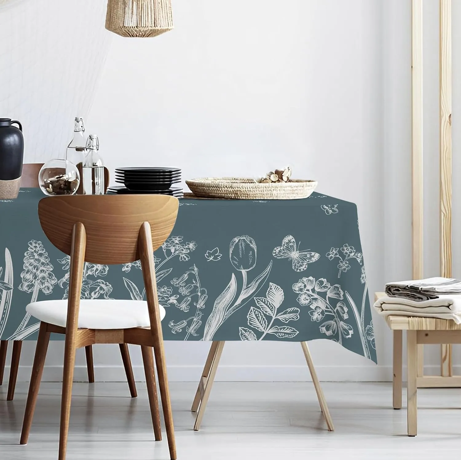 Spring Tablecloth,Green Plants Wild Fern Rectangle Watercolor,White Flowers,Waterproof Fabric,Oil-Proof Wrinkle Resistant Table Cover for Dining Table,Buffet Parties and Camping,(60" x 120")