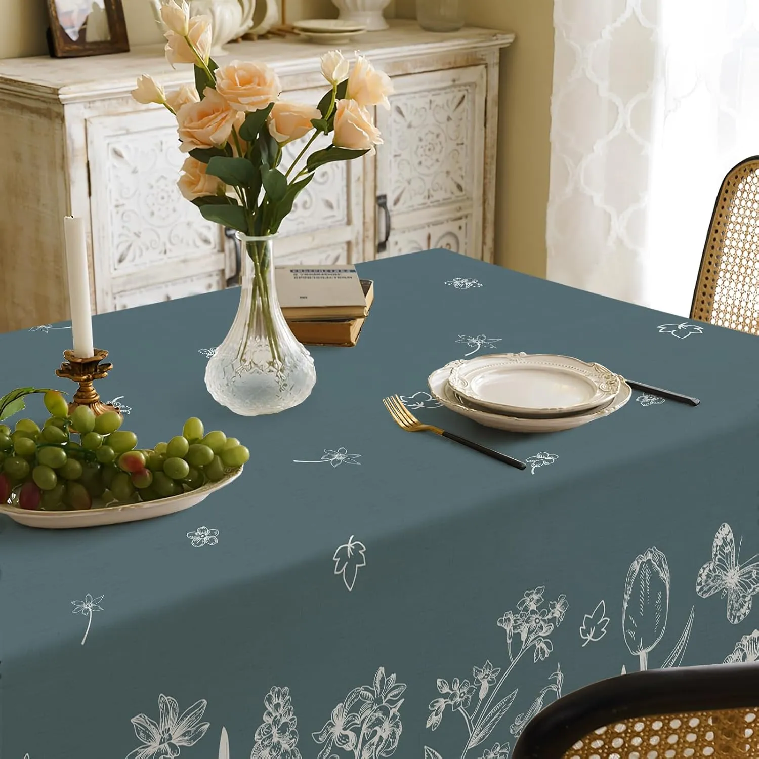 Spring Tablecloth,Green Plants Wild Fern Rectangle Watercolor,White Flowers,Waterproof Fabric,Oil-Proof Wrinkle Resistant Table Cover for Dining Table,Buffet Parties and Camping,(60" x 120")
