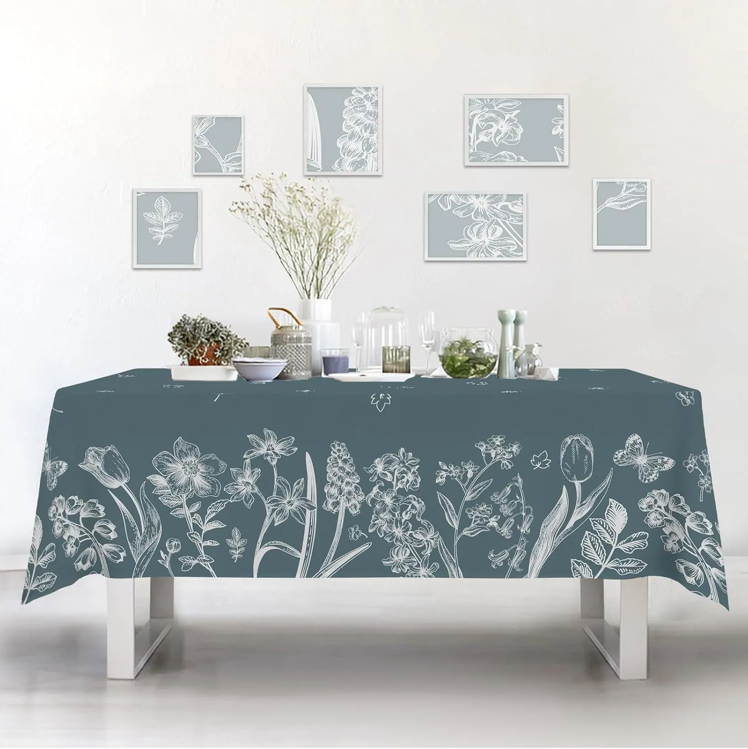 Spring Tablecloth,Green Plants Wild Fern Rectangle Watercolor,White Flowers,Waterproof Fabric,Oil-Proof Wrinkle Resistant Table Cover for Dining Table,Buffet Parties and Camping,(60" x 120")