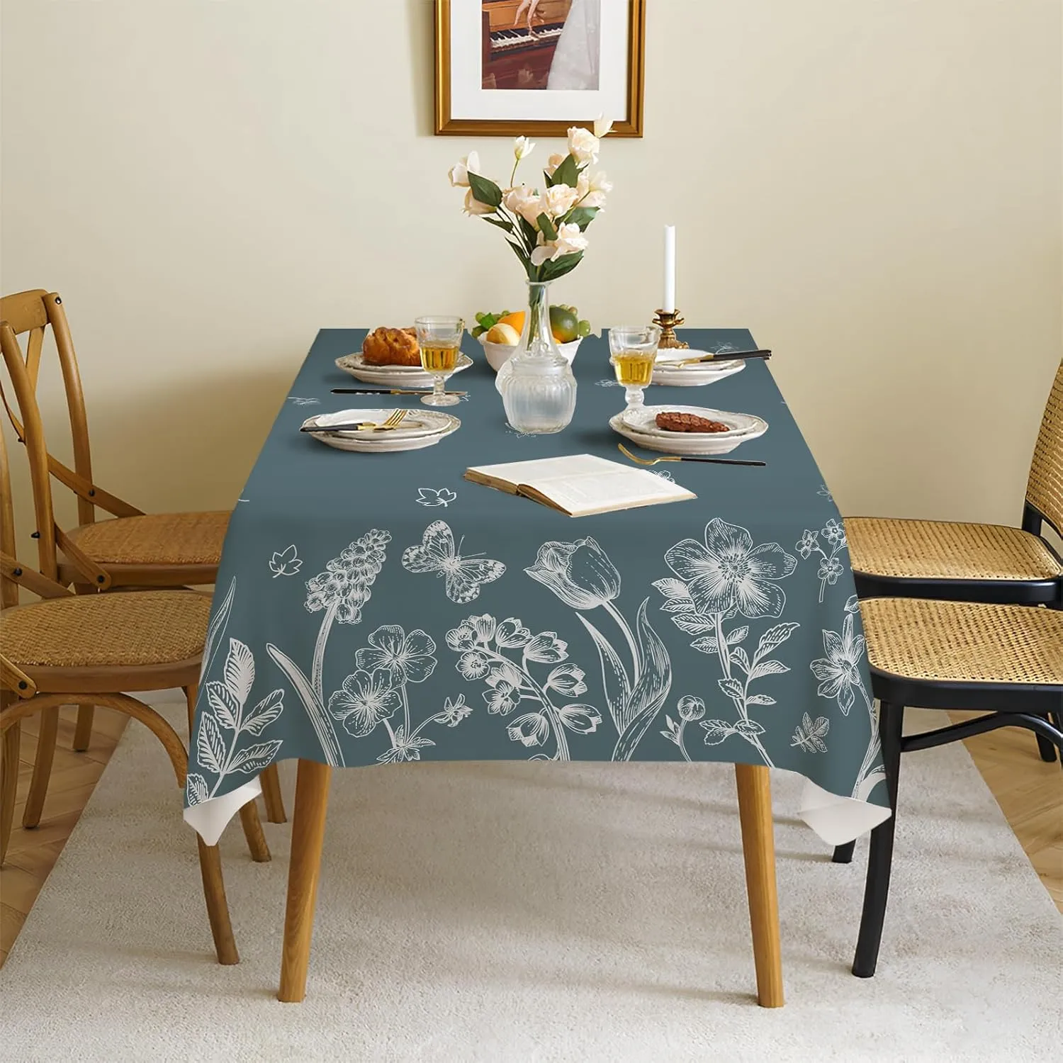 Spring Tablecloth,Green Plants Wild Fern Rectangle Watercolor,White Flowers,Waterproof Fabric,Oil-Proof Wrinkle Resistant Table Cover for Dining Table,Buffet Parties and Camping,(60" x 120")