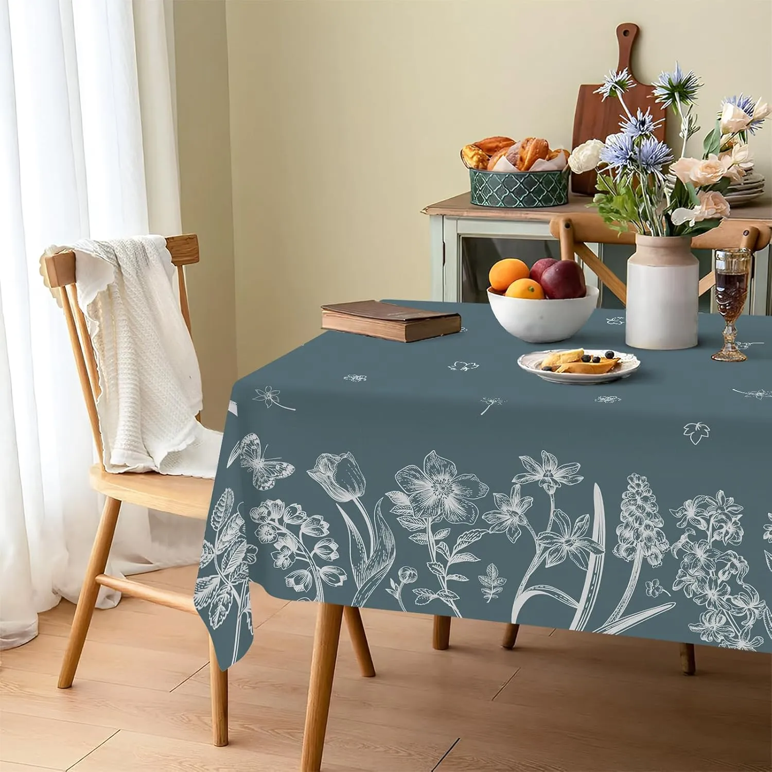Spring Tablecloth,Green Plants Wild Fern Rectangle Watercolor,White Flowers,Waterproof Fabric,Oil-Proof Wrinkle Resistant Table Cover for Dining Table,Buffet Parties and Camping,(60" x 120")