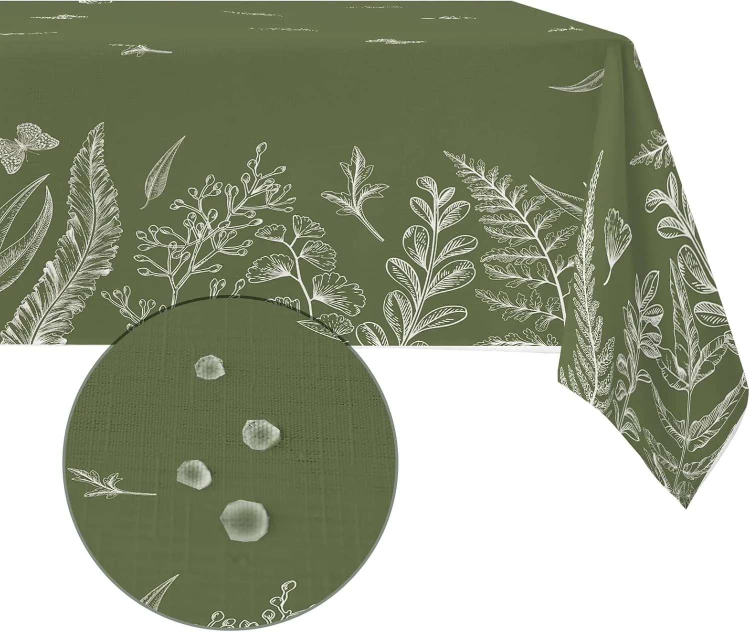 Spring Tablecloths, Green Plants Wild Fern Rectangle Watercolor，Waterproof Fabric， Oil-Proof Wrinkle Resistant Table Cover for Dining Table, Camping and Buffet Parties (60" x 120")