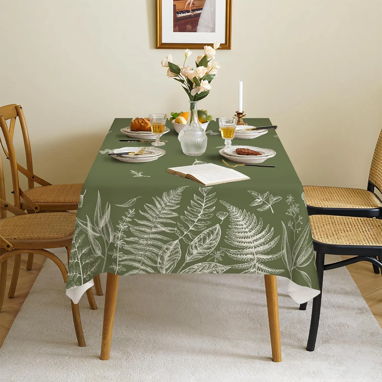 Spring Tablecloths, Green Plants Wild Fern Rectangle Watercolor，Waterproof Fabric， Oil-Proof Wrinkle Resistant Table Cover for Dining Table, Camping and Buffet Parties (60" x 120")