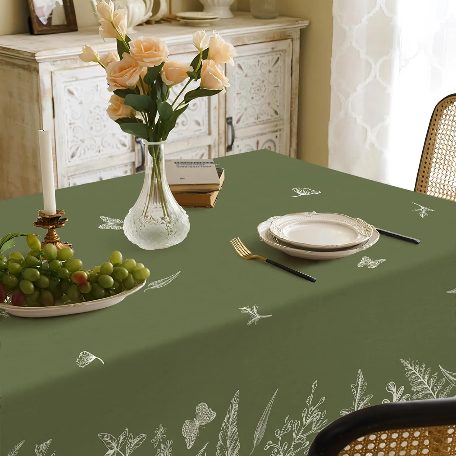 Spring Tablecloths, Green Plants Wild Fern Rectangle Watercolor，Waterproof Fabric， Oil-Proof Wrinkle Resistant Table Cover for Dining Table, Camping and Buffet Parties (60" x 120")