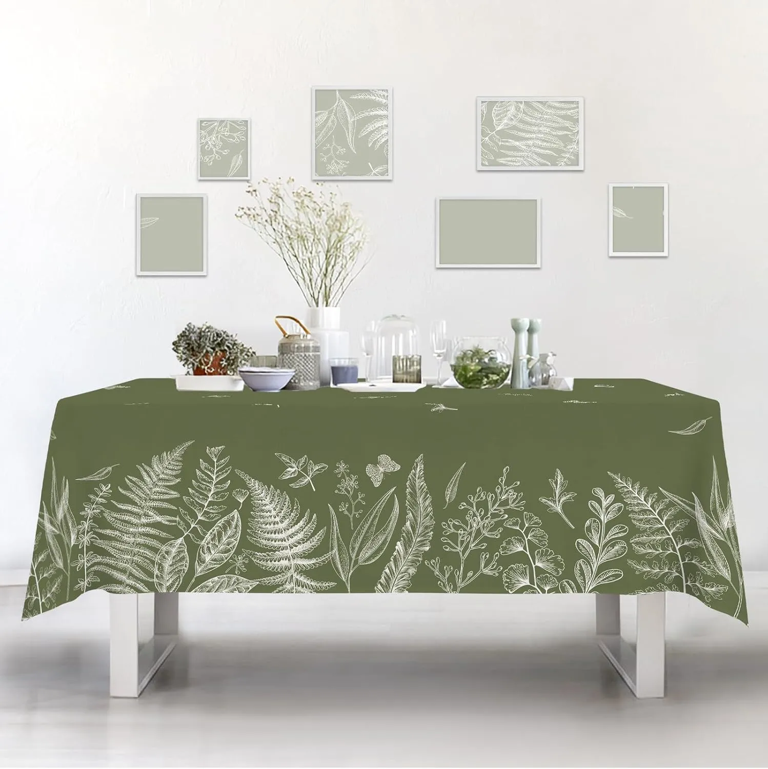 Spring Tablecloths, Green Plants Wild Fern Rectangle Watercolor，Waterproof Fabric， Oil-Proof Wrinkle Resistant Table Cover for Dining Table, Camping and Buffet Parties (60" x 120")
