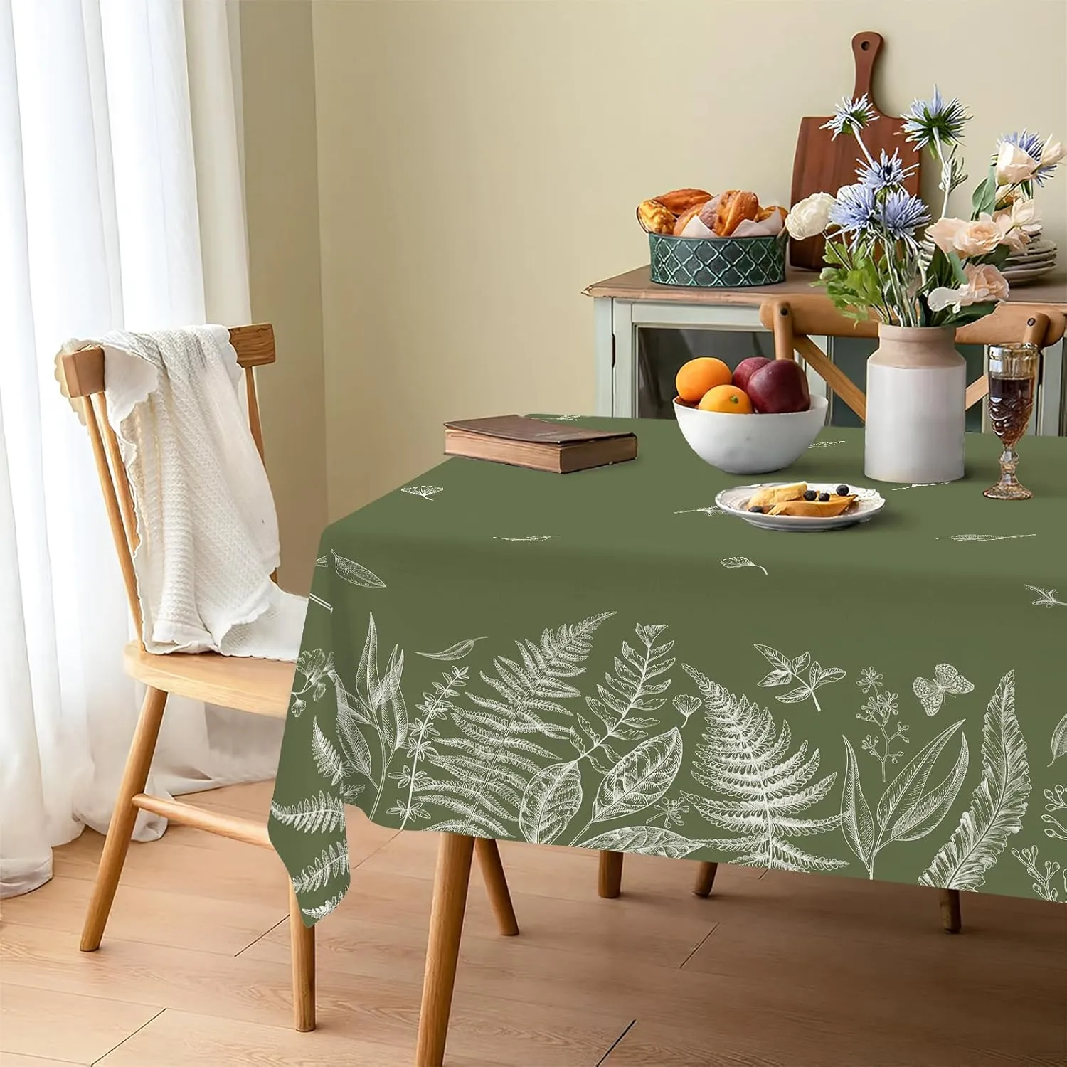 Spring Tablecloths, Green Plants Wild Fern Rectangle Watercolor，Waterproof Fabric， Oil-Proof Wrinkle Resistant Table Cover for Dining Table, Camping and Buffet Parties (60" x 120")