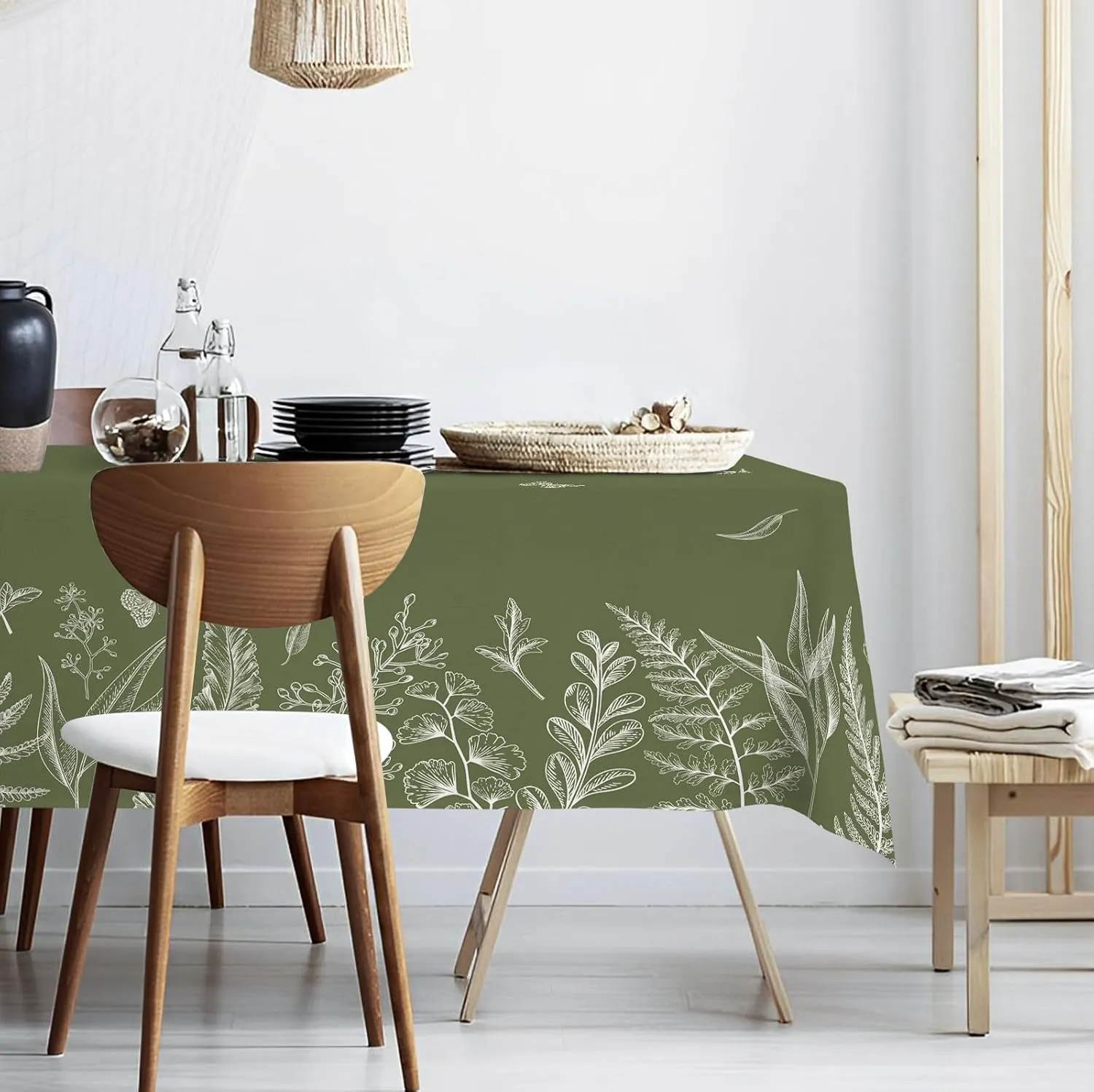 Spring Tablecloths, Green Plants Wild Fern Rectangle Watercolor，Waterproof Fabric， Oil-Proof Wrinkle Resistant Table Cover for Dining Table, Camping and Buffet Parties (60" x 120")