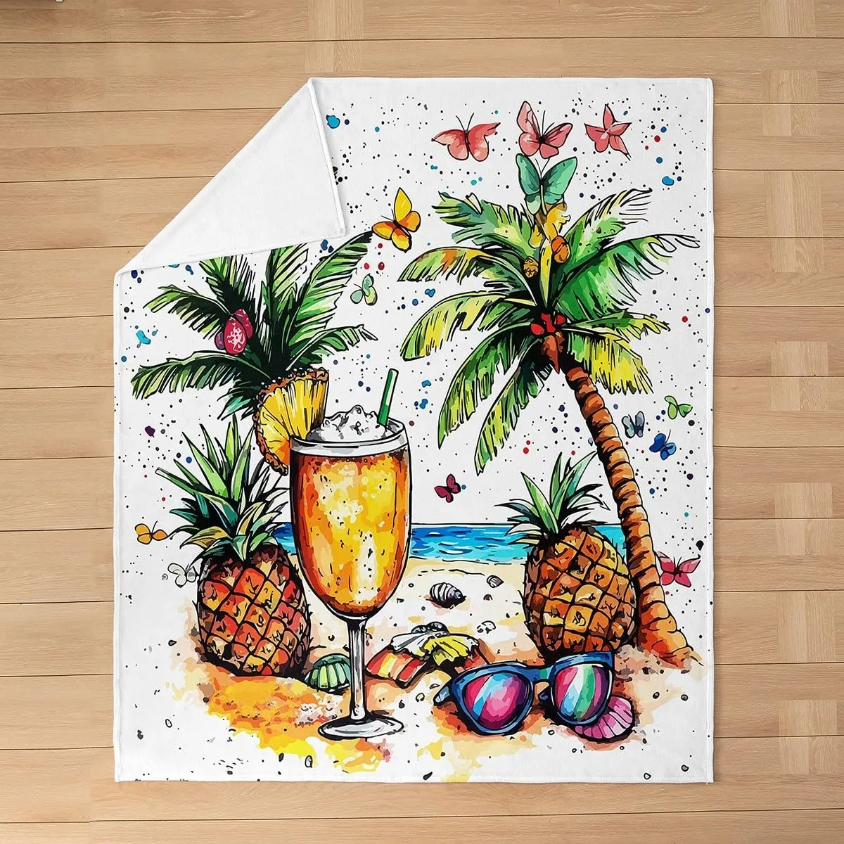 Summer Beach Flannel Blankets,Hawaii Tropical Fruit Pineapple Juice Plush Blanket for Bed Sofa All Seasons,Seaside Coconut Trees Watercolor Ocean Bed Blanket for Kids Bedroom,Baby 30"x40"