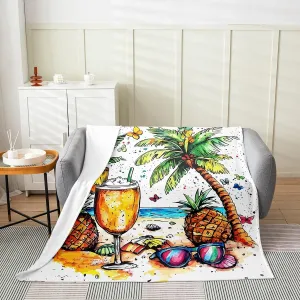 Summer Beach Flannel Blankets,Hawaii Tropical Fruit Pineapple Juice Plush Blanket for Bed Sofa All Seasons,Seaside Coconut Trees Watercolor Ocean Bed Blanket for Kids Bedroom,Baby 30"x40"