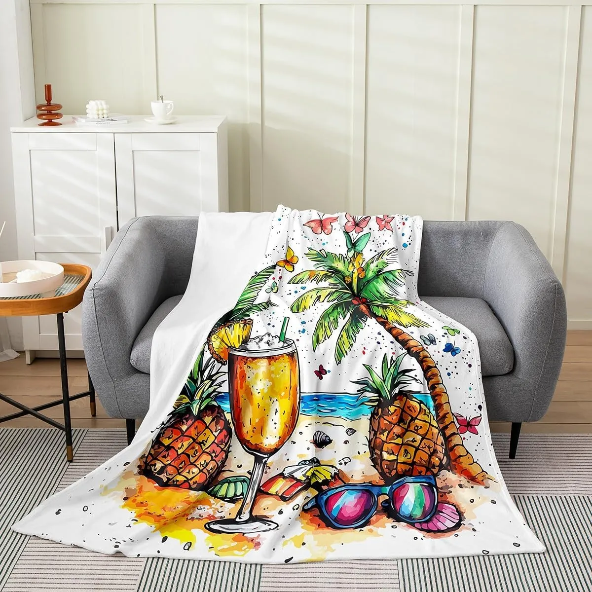 Summer Beach Flannel Blankets,Hawaii Tropical Fruit Pineapple Juice Plush Blanket for Bed Sofa All Seasons,Seaside Coconut Trees Watercolor Ocean Bed Blanket for Kids Bedroom,Baby 30"x40"