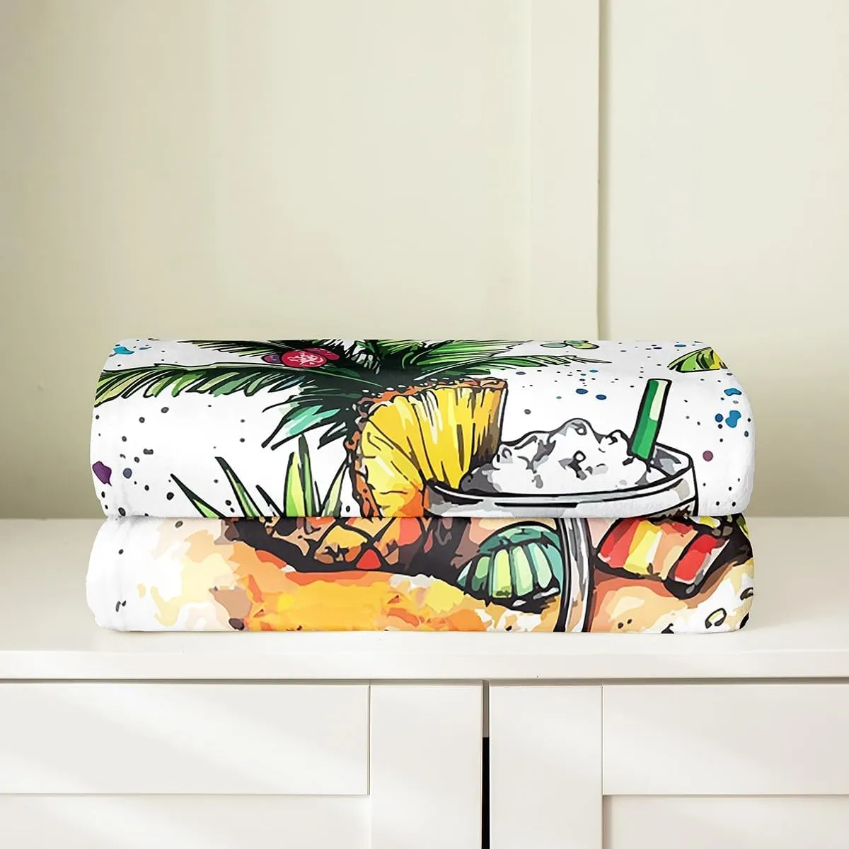 Summer Beach Flannel Blankets,Hawaii Tropical Fruit Pineapple Juice Plush Blanket for Bed Sofa All Seasons,Seaside Coconut Trees Watercolor Ocean Bed Blanket for Kids Bedroom,Baby 30"x40"
