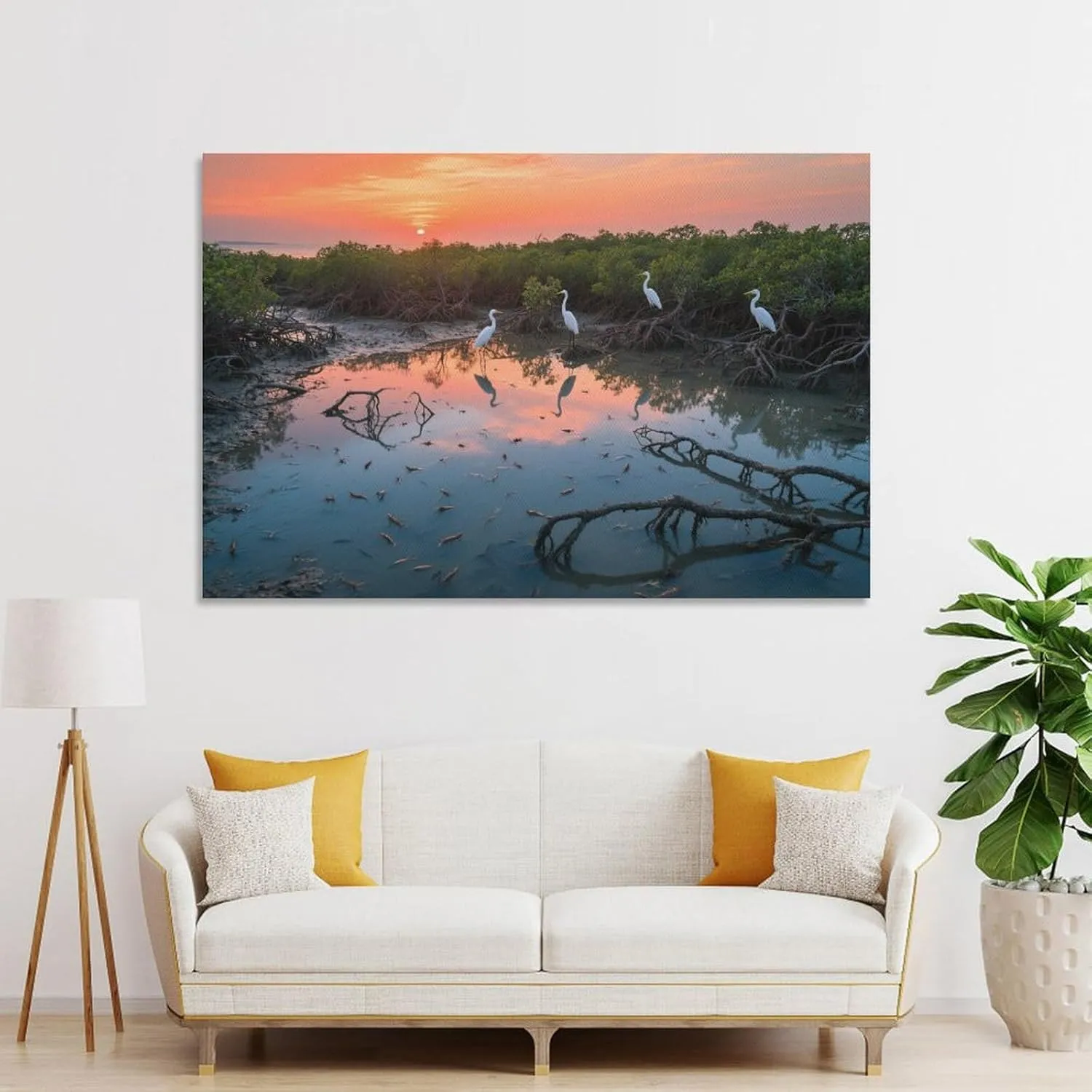 Sunset Mangrove & Egrets Canvas Art - Layered Watercolor Wetland, Eco Retreat & Spa Décor Coastal Conservation Gift Unframe-style 20x30inch(50x75cm)