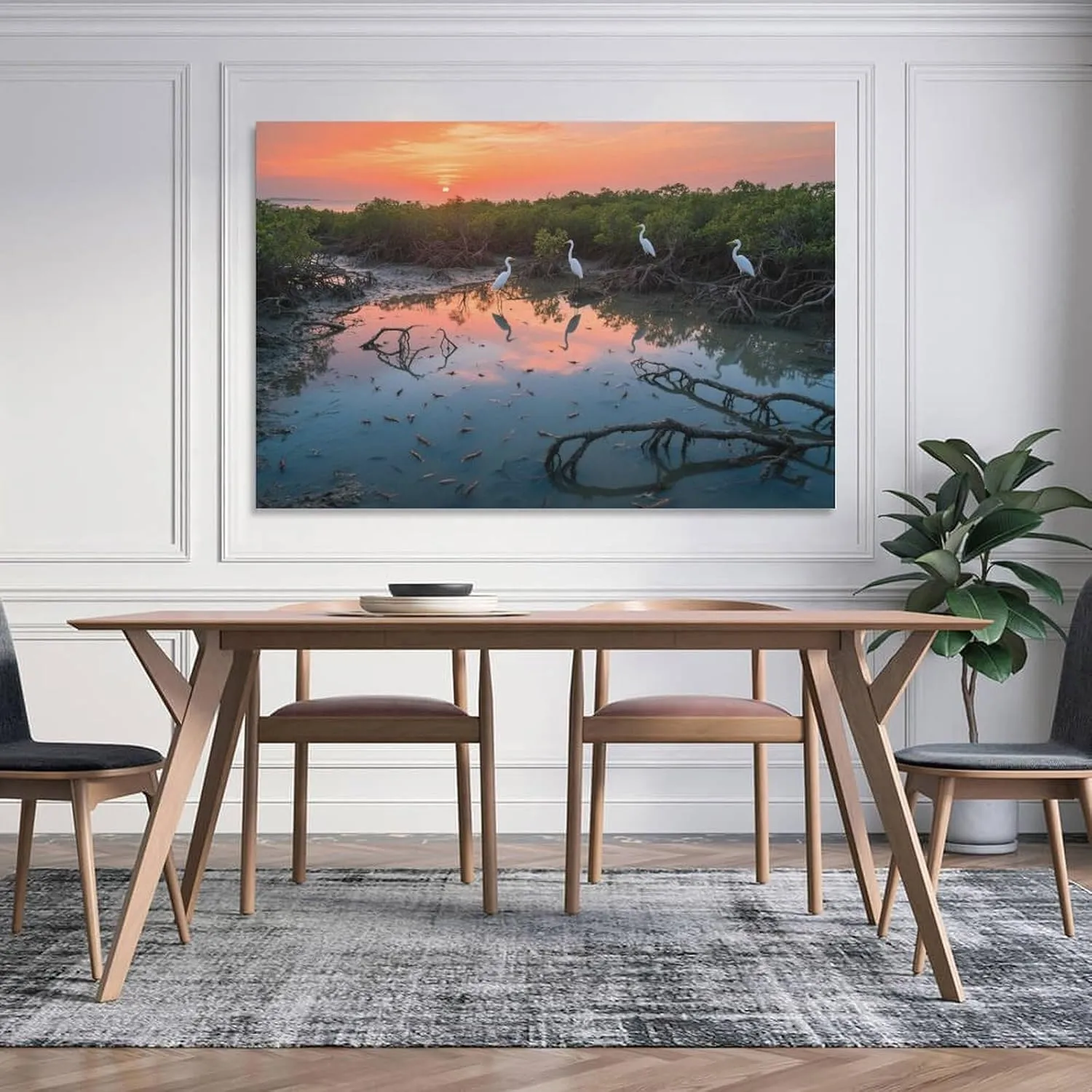 Sunset Mangrove & Egrets Canvas Art - Layered Watercolor Wetland, Eco Retreat & Spa Décor Coastal Conservation Gift Unframe-style 20x30inch(50x75cm)