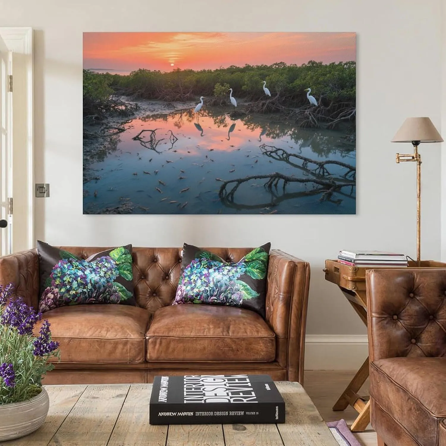 Sunset Mangrove & Egrets Canvas Art - Layered Watercolor Wetland, Eco Retreat & Spa Décor Coastal Conservation Gift Unframe-style 20x30inch(50x75cm)