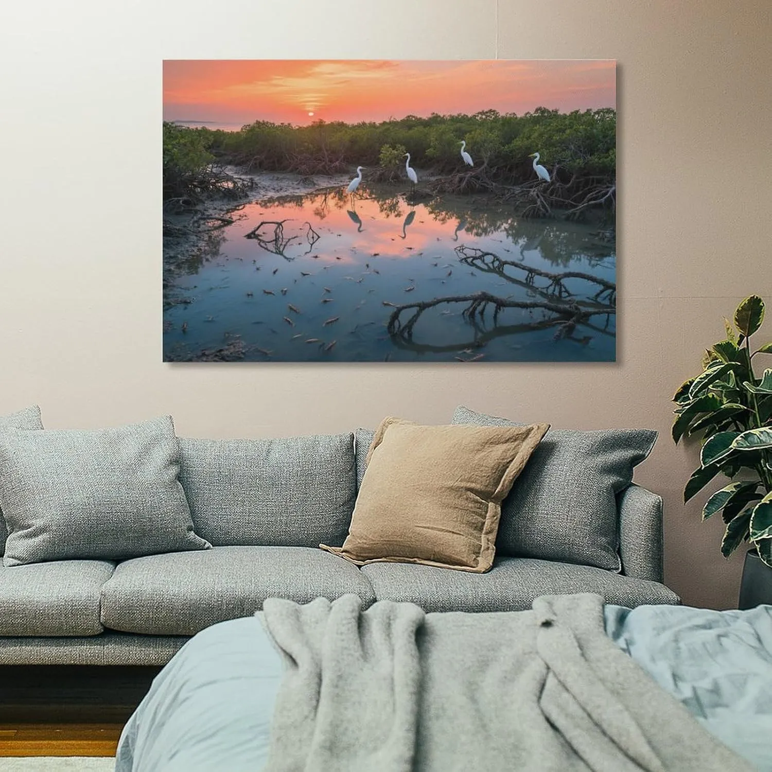 Sunset Mangrove & Egrets Canvas Art - Layered Watercolor Wetland, Eco Retreat & Spa Décor Coastal Conservation Gift Unframe-style 20x30inch(50x75cm)
