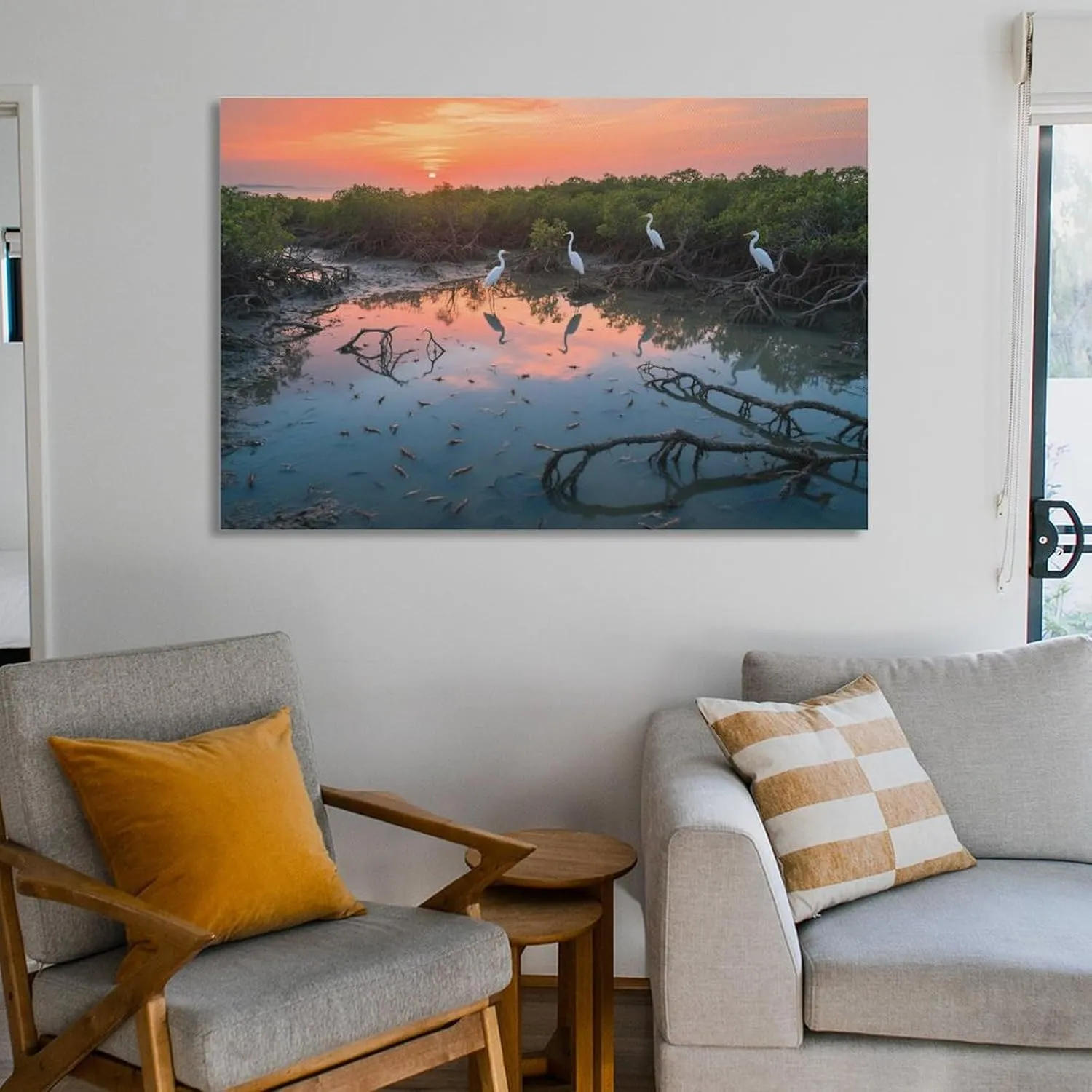 Sunset Mangrove & Egrets Canvas Art - Layered Watercolor Wetland, Eco Retreat & Spa Décor Coastal Conservation Gift Unframe-style 20x30inch(50x75cm)