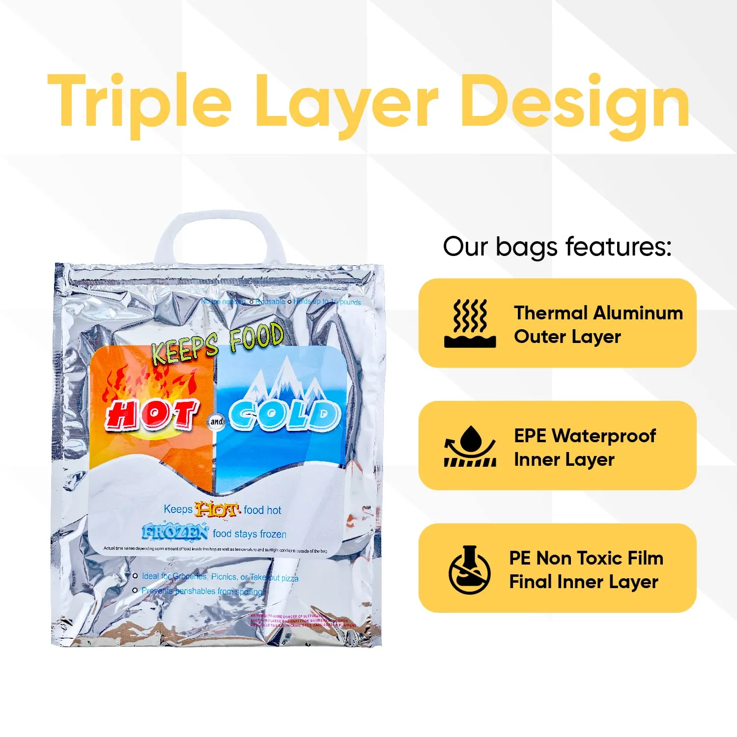 Superio Hot and Cold Insulated Bags for Food Delivery, Grocery Shopping Bags, Food Storage for Hot and Frozen Food for Travel, Disposable Cooler Bag, Reinforced Thermal Lunch Bag (3, 15.5"x13")