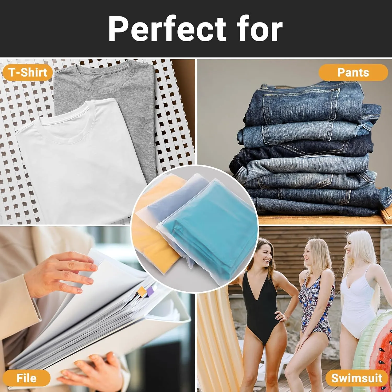 Swimsuit Storage Clear Zipper Bags, 100 Pcs 12x10 Inch Frosted Plastic Bags for Clothes, Waterproof Packaging for T-Shirts, Bathing Suits, Pants, Files - 3 Mil