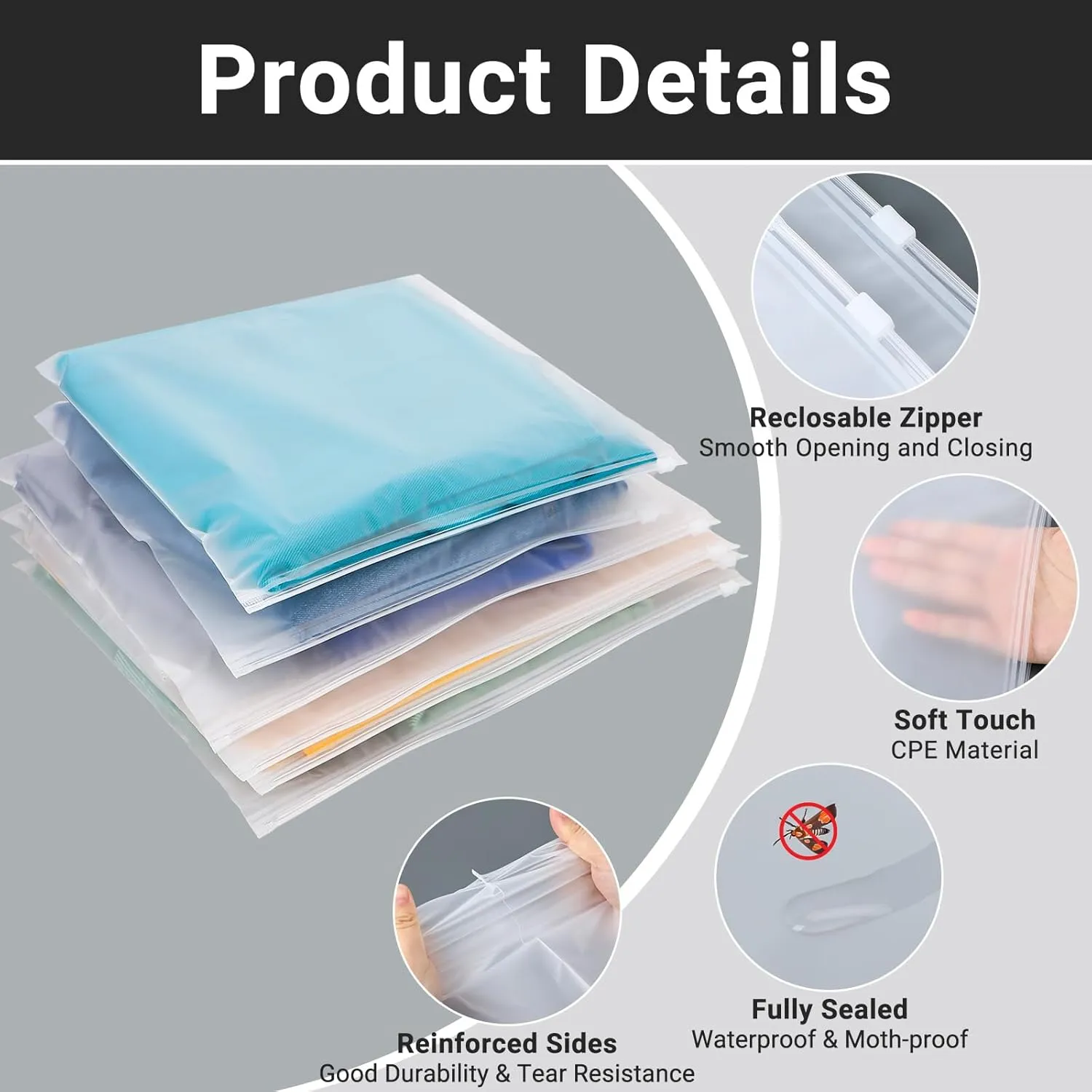 Swimsuit Storage Clear Zipper Bags, 100 Pcs 12x10 Inch Frosted Plastic Bags for Clothes, Waterproof Packaging for T-Shirts, Bathing Suits, Pants, Files - 3 Mil