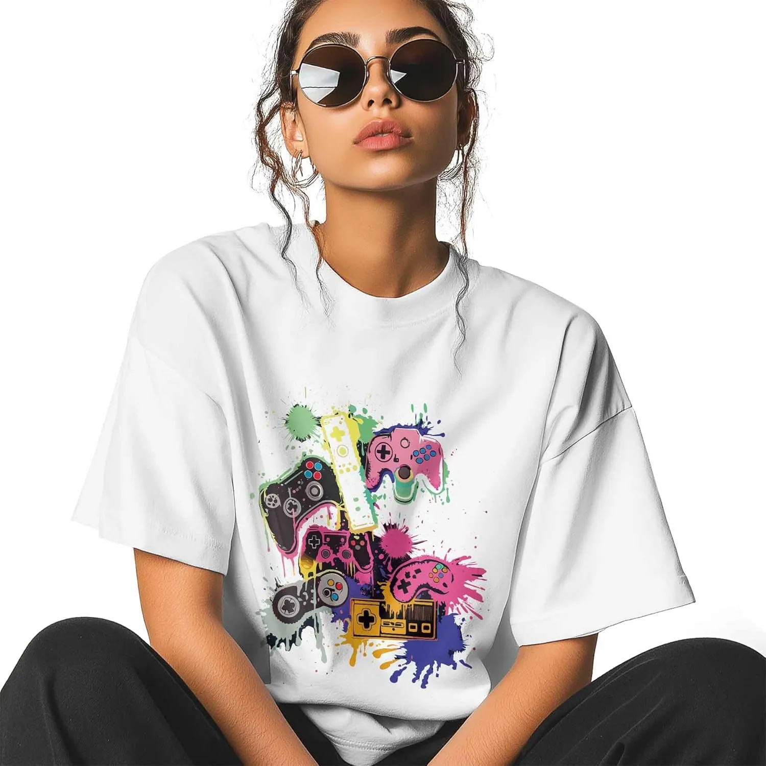 T-Shirts for Women Abstract Watercolor Game Machine Women's Tops Crew Neck Short Sleeve Tees