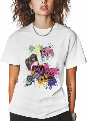 T-Shirts for Women Abstract Watercolor Game Machine Women's Tops Crew Neck Short Sleeve Tees