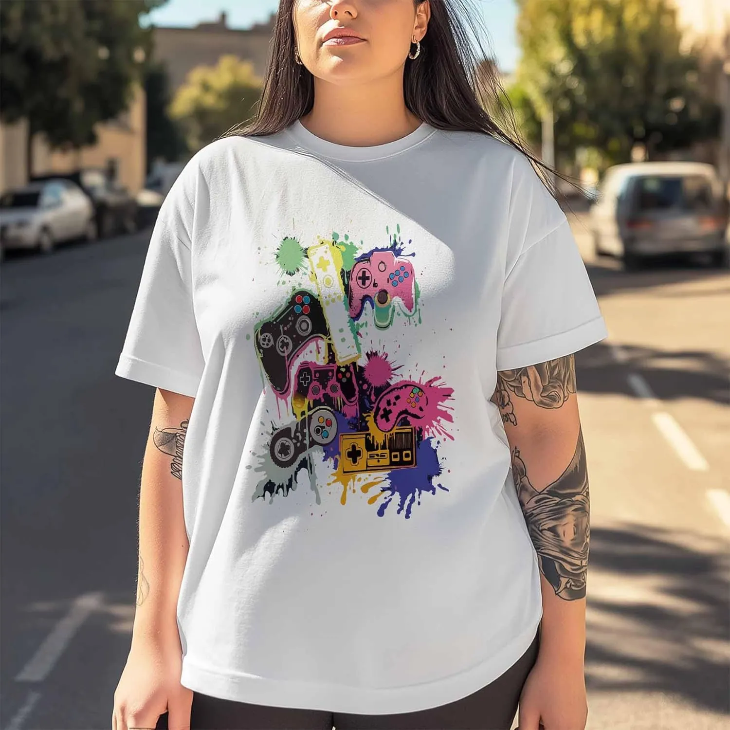 T-Shirts for Women Abstract Watercolor Game Machine Women's Tops Crew Neck Short Sleeve Tees