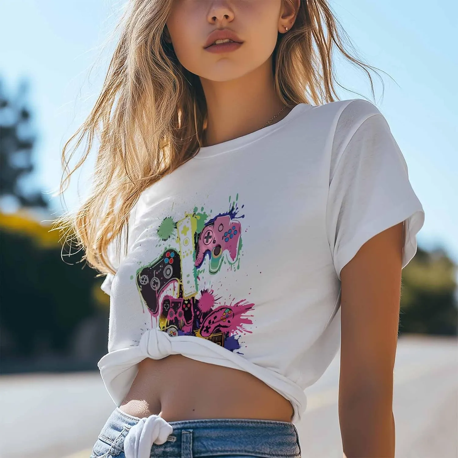 T-Shirts for Women Abstract Watercolor Game Machine Women's Tops Crew Neck Short Sleeve Tees