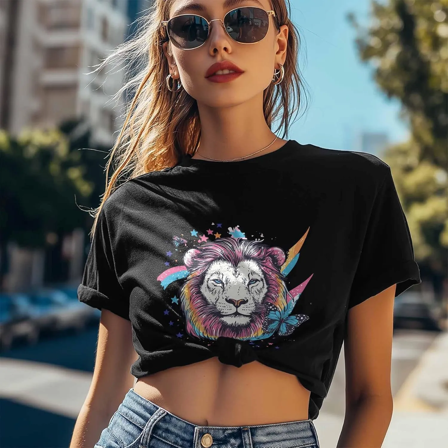 T-Shirts for Women Watercolor Lion Butterfly Women's Tops Crew Neck Short Sleeve Tees