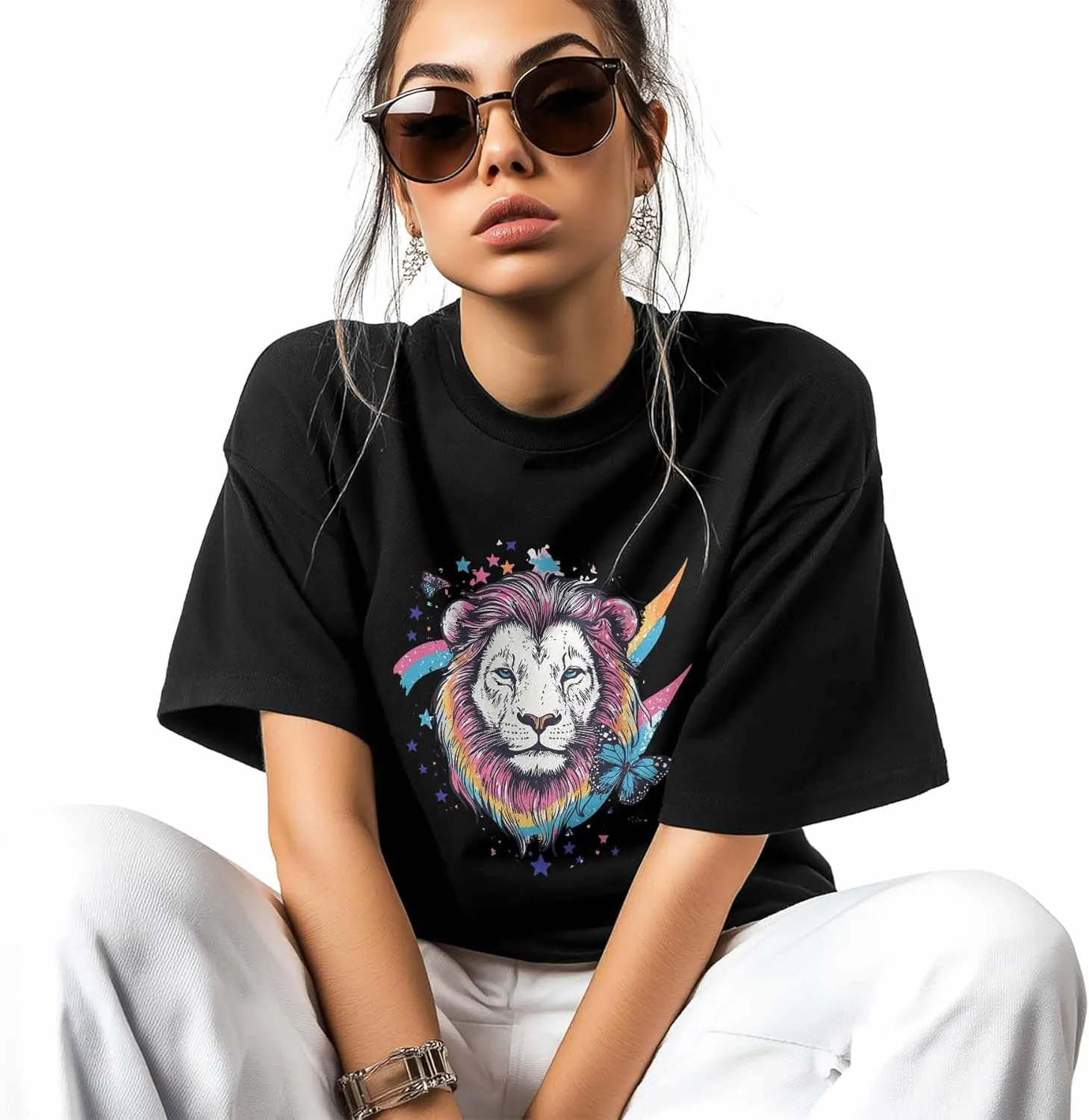 T-Shirts for Women Watercolor Lion Butterfly Women's Tops Crew Neck Short Sleeve Tees