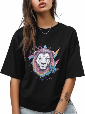 T-Shirts for Women Watercolor Lion Butterfly Women's Tops Crew Neck Short Sleeve Tees