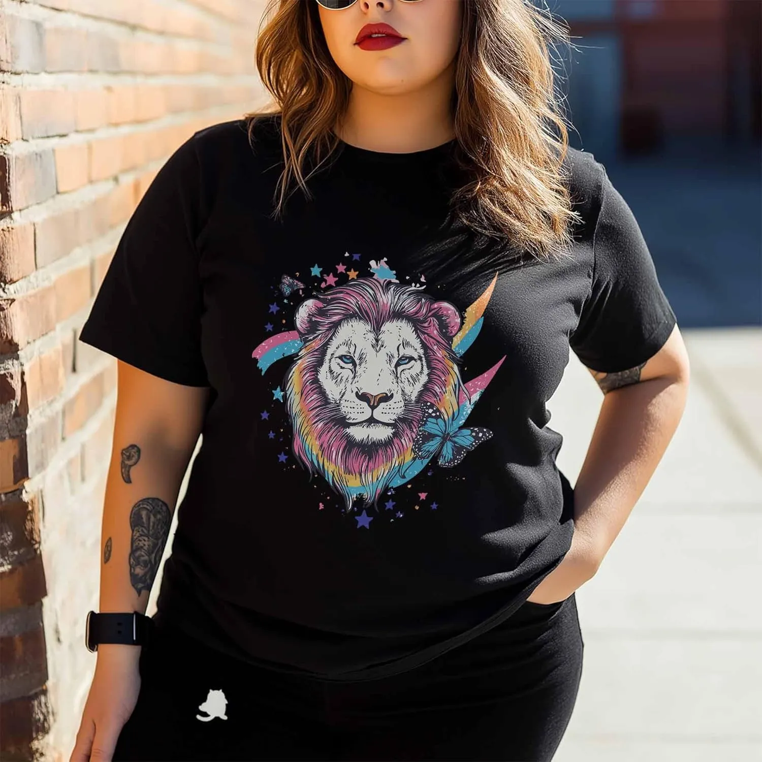 T-Shirts for Women Watercolor Lion Butterfly Women's Tops Crew Neck Short Sleeve Tees