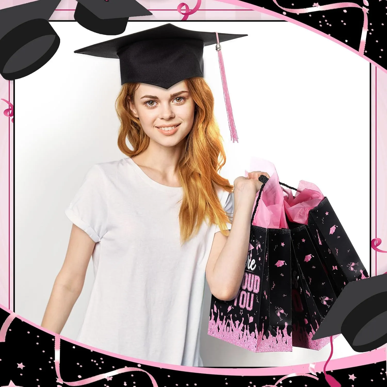 TaoBary 12 Pcs Graduation Gift Bags with Tissue Party Favor Bag Handles Class of 2025 Grad Paper Goodie Bulk for Congrats Supplies(Pink Black)
