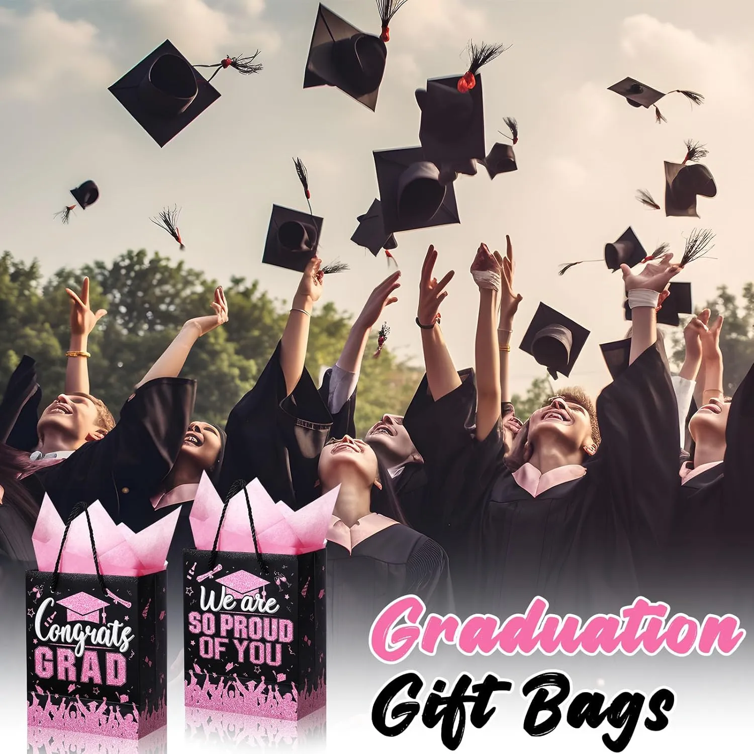 TaoBary 12 Pcs Graduation Gift Bags with Tissue Party Favor Bag Handles Class of 2025 Grad Paper Goodie Bulk for Congrats Supplies(Pink Black)