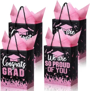 TaoBary 12 Pcs Graduation Gift Bags with Tissue Party Favor Bag Handles Class of 2025 Grad Paper Goodie Bulk for Congrats Supplies(Pink Black)