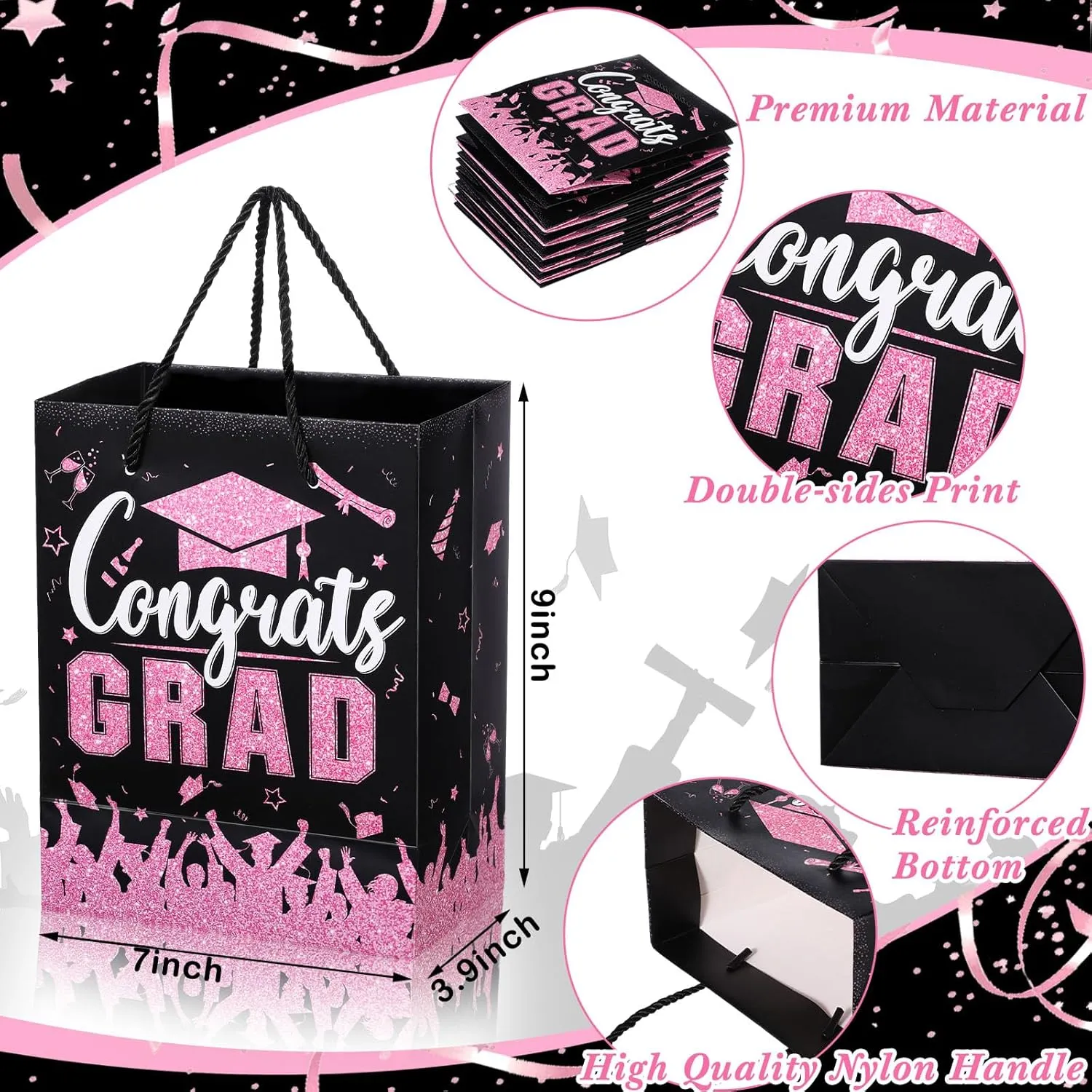 TaoBary 12 Pcs Graduation Gift Bags with Tissue Party Favor Bag Handles Class of 2025 Grad Paper Goodie Bulk for Congrats Supplies(Pink Black)